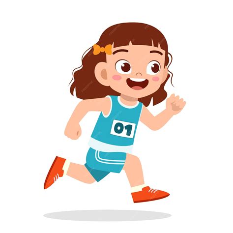 Feliz Niña Linda Correr En Juego De Maratón Vector Premium