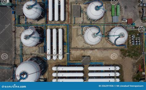 Aerial View White Storage Tank Gas In Station Lpg Gas Lng Or Lpg