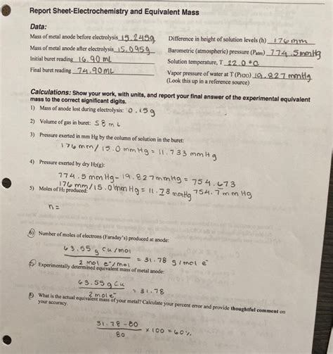 Solved Report Sheet Electrochemistry And Equivalent Mass Chegg