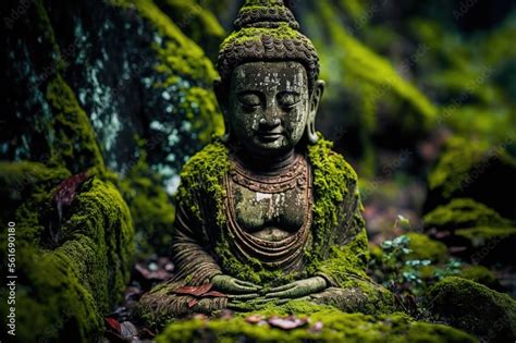 ancient buddha sculpture in the green rain forest, photo-realistic ...