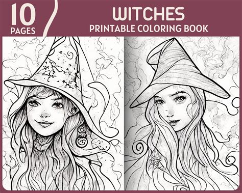 10 Witches Grayscale Coloring Pages Magical Fantasy Witch 10 Pages