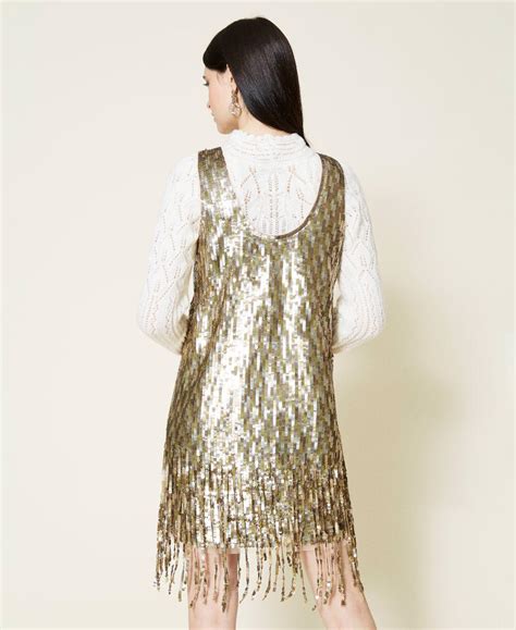 Abito In Full Paillettes Con Frange Donna Oro Twinset Milano