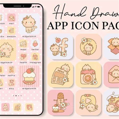 Cute Kawaii Cat Ios Icons Pack Iphone Theme App Etsy