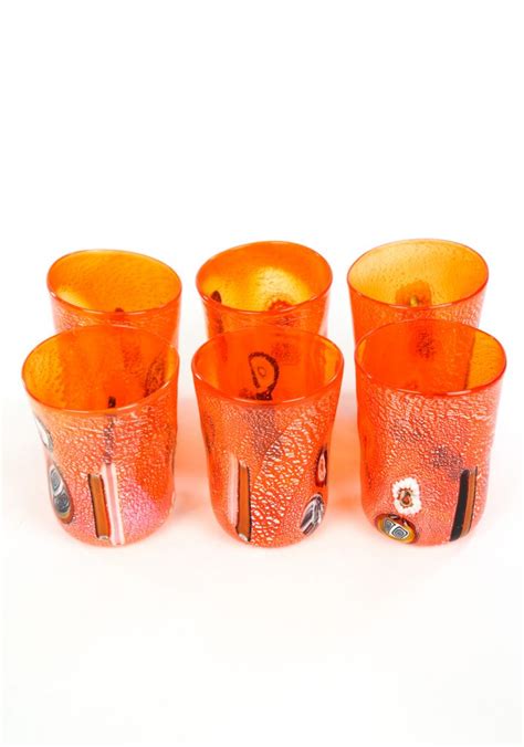 Sunset Set Of Six Orange Murano Drinking Glasses Teone Made