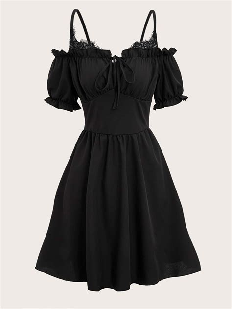 Romwe Fairycore Solid Frill Trim Tie Front Dress