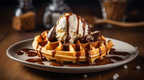 Premium AI Image | a waffle with ice cream and chocolate sauce