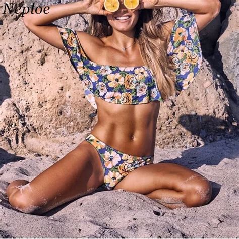 Neploe Ruffles Floral Bikini Set European New Arrivals Sexy Slash Neck