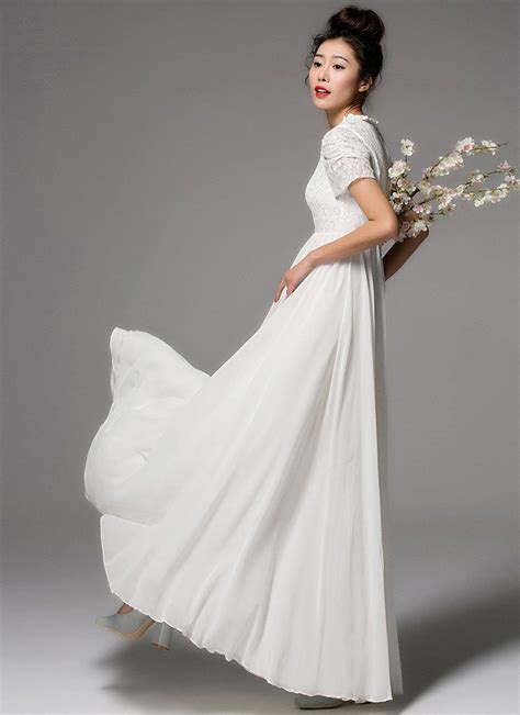 White Lace Chiffon Maxi Dress With Ruffled V Neck And Sleeves Rm305