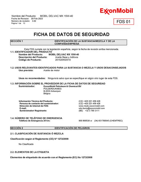 1 Mobil Delvac 15W 40 FICHA DE SEGURIDAD Fecha de Revisión 09 Feb