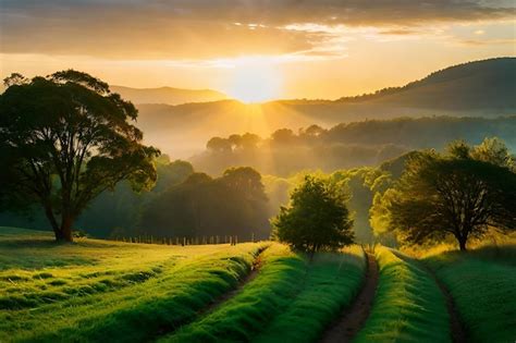 Premium AI Image | Sunrise over a field with a view of the hills and ...