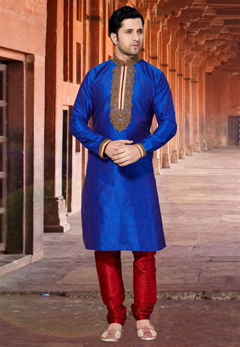 Buy Blue Dupion Readymade Kurta Pajama 164418 Online At Lowest Price From Our Mens Wear