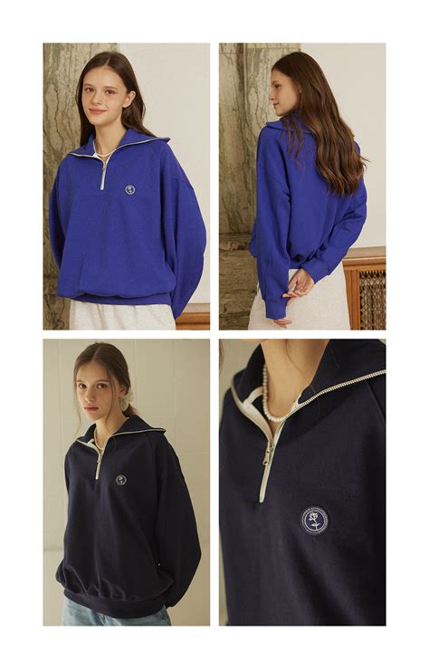 Rose Wappen Rib Block Half Zip Up Sweatshirt Navy NONLOCAL