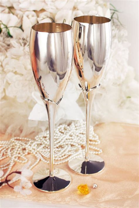 Silver Plated Metal Wedding Toasting Flute Champagne Glass Set Engraved