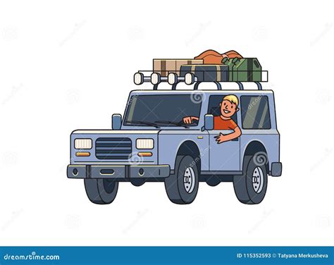 SUV Car With Luggage On The Roof Trunk And Smiling Guy Behind The Wheel