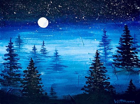 Night Sky Painting Landscape Original Art Tree Forest Moon Wall Art ...