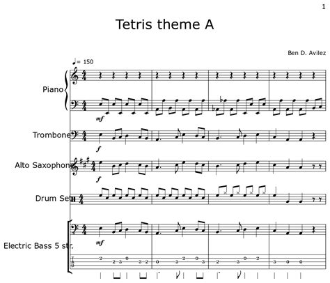 Tetris theme A - Sheet music for Piano, Trombone, Alto Saxophone, Drum ...