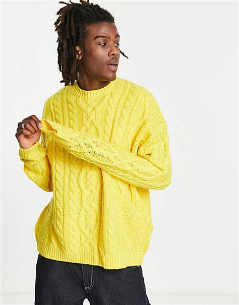 Asos Design Oversized Heavyweight Cable Knit Jumper In Yellow Asos