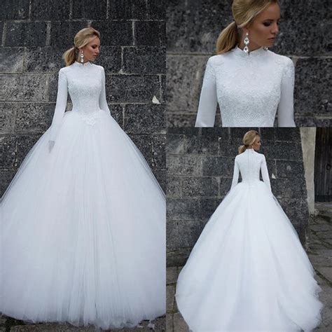 U Swear 2019 White Muslim Wedding Dresses A Line High Neck Full Sleeves