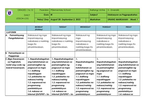 Dll G5 Week 1 Esp Dfghj Grades 1 To 12 Daily Lesson Log Paaralan Pelementary School Baitang