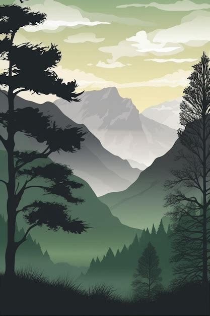 Premium AI Image | A poster for a mountain landscape with a forest and ...