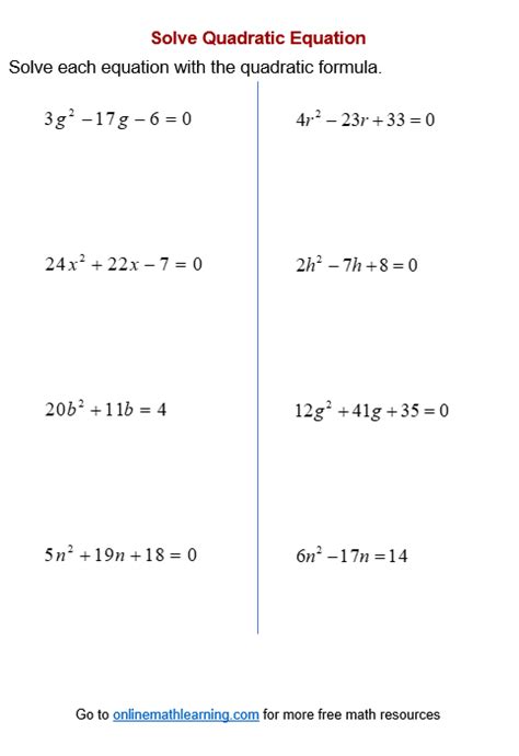 Quadratic Formula Worksheets Printable Online Answers Examples