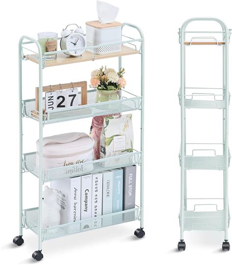 Amazon KINGRACK 4 Tier Slim Rolling Cart With Wooden Tabletop