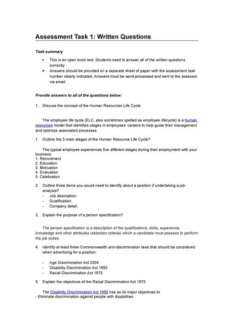 Bsbhrm 405 Assingnment Assessment Task 1 Written Questions Task