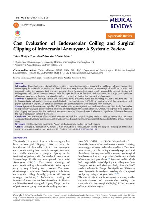 (PDF) Cost Evaluation of Endovascular Coiling and Surgical Clipping of Intracranial Aneurysm: A ...