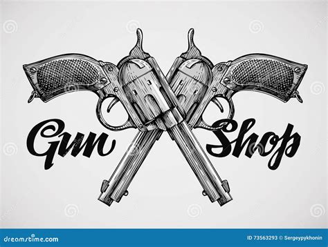 Hand Drawn Vintage Guns Crossed Pistols Vector Illustration Stock