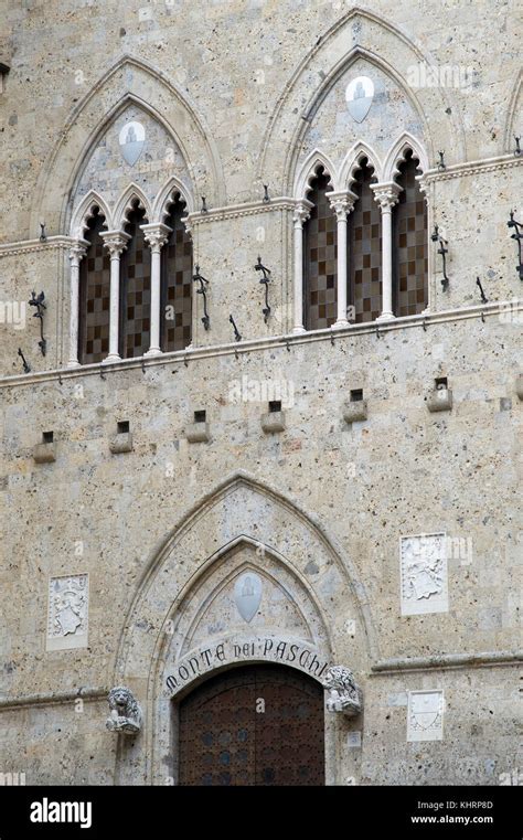 Main Entrance To Gothic Palazzo Salimbeni Headquarters Of Banca Monte