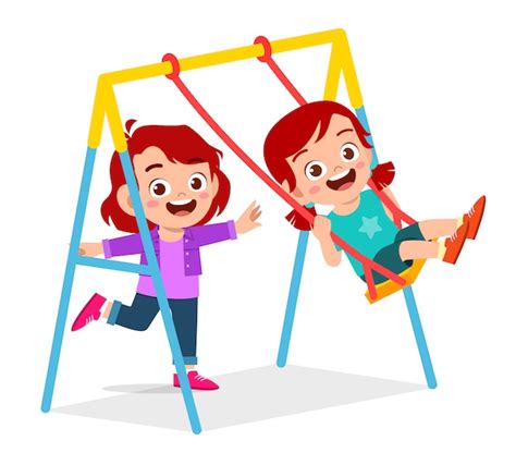 Premium Vector Happy Cute Little Kid Boy And Girl Play Swing