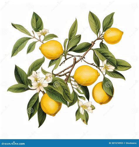 Hyperrealistic Vintage Lemon Tree Branch Illustration With Delicate