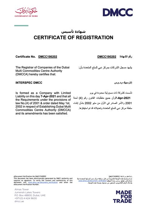 Interspec Dmcc Certificate Of Registration