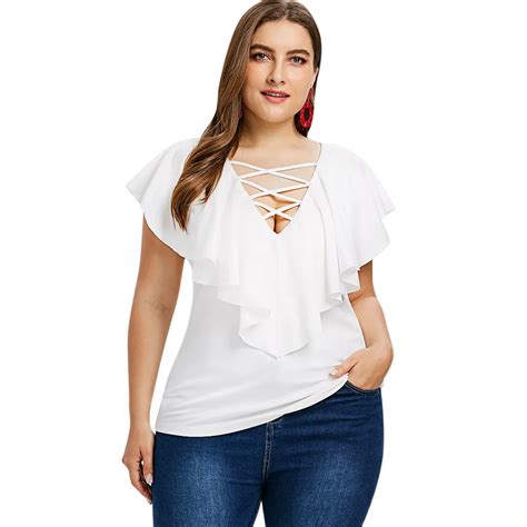 Langstar Plus Size Women Slim T Shirt Criss Cross Ruffle Insert Lady Sexy Deep V Plunging Neck T