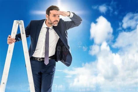 Handsome Confident Businessman Leader Climb Up To Reach Top Of Ladder