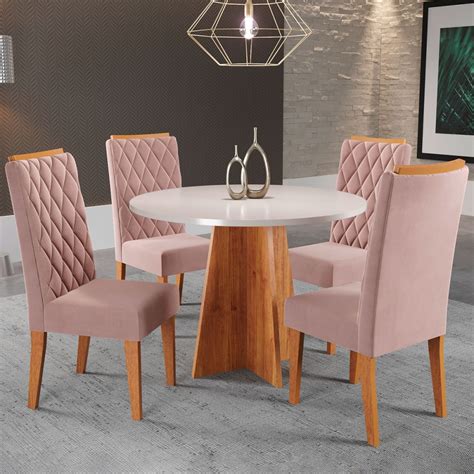 Mesa de Jantar 4 Lugares Disney Mel Blonde Veludo Rosa Viero Móveis