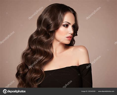 Brunette Girl Long Healthy Shiny Curly Hair Care Beauty Beautiful Stock