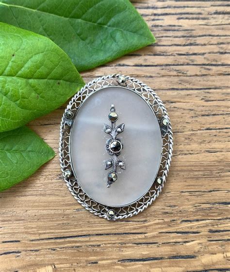 Antique Art Deco Sterling Silver Filigree Marcasite C Gem