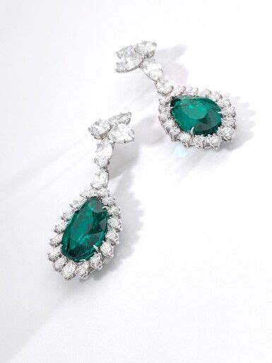 Superb Pair Of Emerald And Diamond Pendent Ear Clips