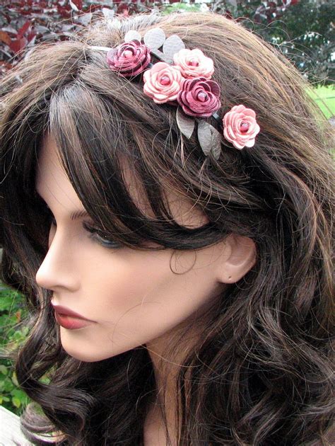 Pink Burgundy Flower Headband Leather Roses Moss Green Leaves Etsy