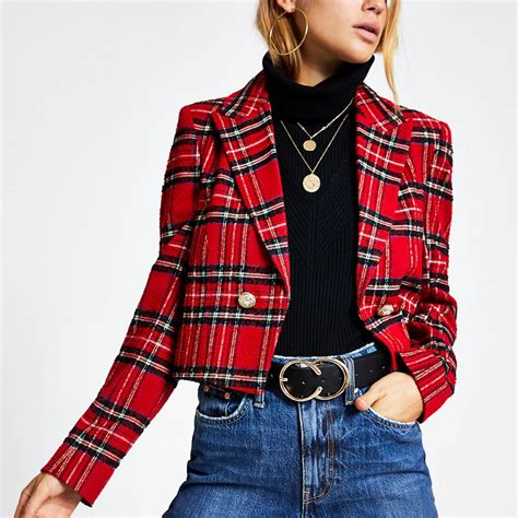 Red Tartan Cropped Jacket Jackets Coats Jackets Women Red