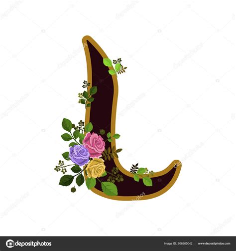 Flower Alphabet Letter L Decorated With Roses And Leaves Isolated On