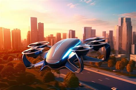 Premium Photo Driverless Autonomous Flying Drone Car Landing On The Road Futuristic Technology