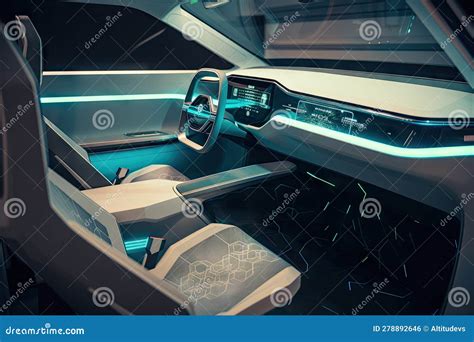 Interior Of Sleek Futuristic Car With Touchscreens And Holographic