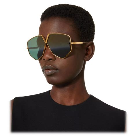 Valentino V Hexagon Oversized Titanium Aviator Sunglasses Yellow Gold Dark Green