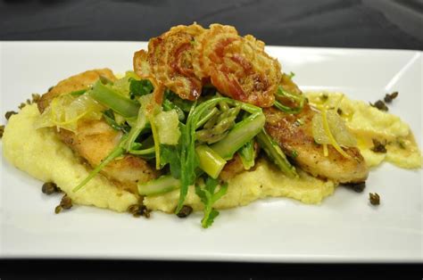 Stone Bass Picatta With A Roasted Garlic Polenta And Warm Asparagus Salad Cuisine Recipes