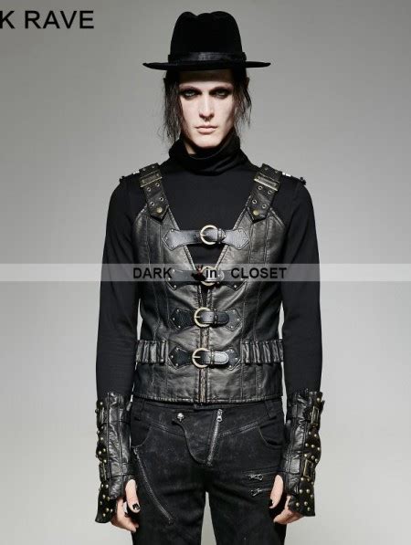 Punk Rave Black Pu Leather Army Uniform Style Steampunk Vest For Men