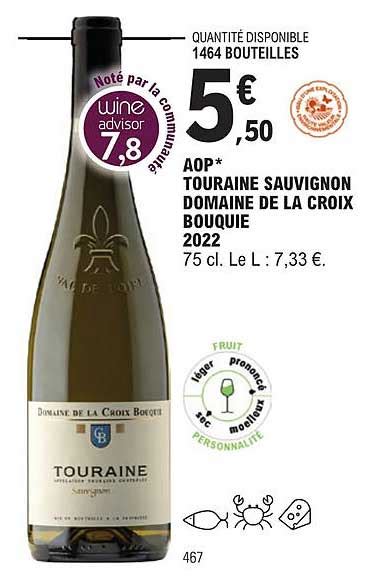 Promo Aop Touraine Sauvignon Domaine De La Croix Bouquie 2022 Chez E