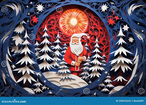 Christmas Papercut Style Santa Claus And Christmas Tree Generative Ai