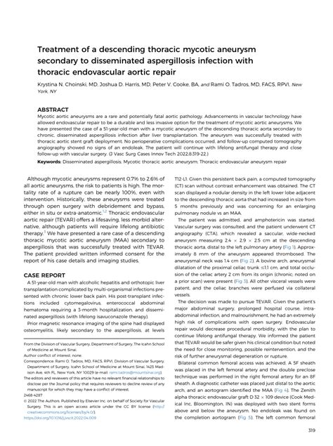 Pdf Treatment Of A Descending Thoracic Mycotic Aneurysm Secondary To